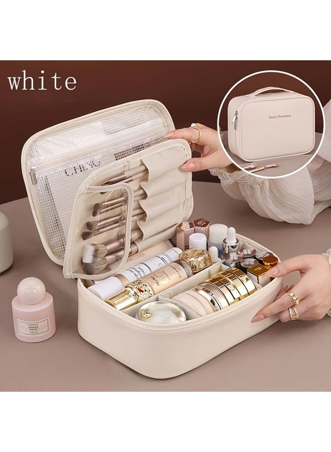Beige Large Capacity Detachable Makeup Bag Travel Cosmetic Organizer With Brush Pouch - Image 1